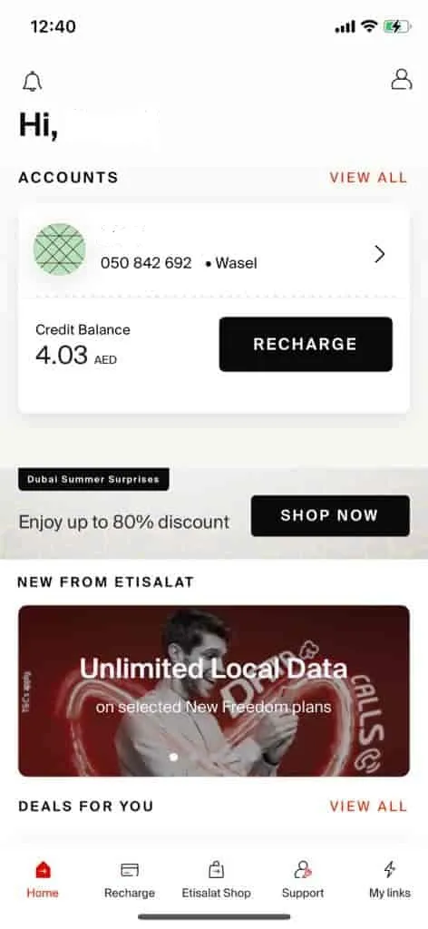 etisalat app user account home page